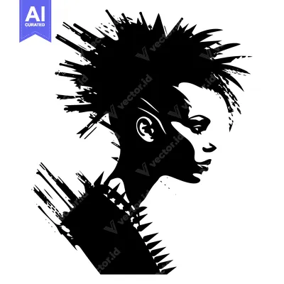 Aset premium populer: Black and White Silhouette of a Woman with Spiky Hair and Spiked Cloth