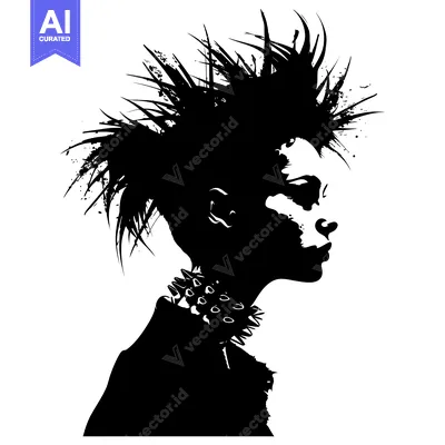 Aset premium populer: Black and White Silhouette of a Punk Rock Woman with Spiky Hair and Sp