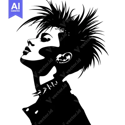 Aset desain premium: Black and White Silhouette of a Woman with Spiky Hair and a Collar