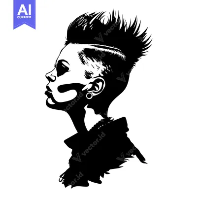 Premium design asset: A Black and White Silhouette of a Woman with a Spiky Hairstyle and Pie