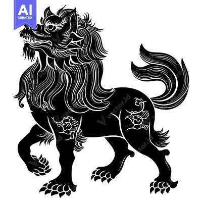 Aset desain premium: Black and White Stylized Lion with Detailed Fur and Claws