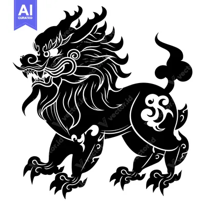 Aset desain premium: Black and White Illustration of a Chinese Guardian Lion