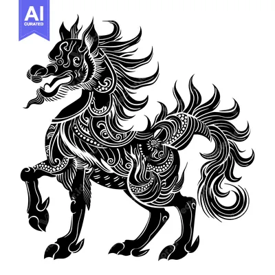 Aset premium populer: Ornate Black and White Silhouette of a Mythical Horse-Like Creature