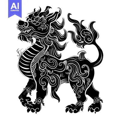 Aset premium populer: Black and White Illustration of a Detailed Chinese Guardian Lion