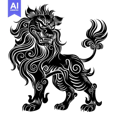 Aset desain premium: Ornate Black and White Silhouette of a Chinese Guardian Lion