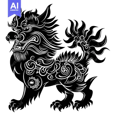 Aset desain premium: Black and white illustration of a Chinese guardian lion with ornate de