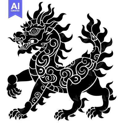 A stylized black and white illustration of a dragon with ornate detail