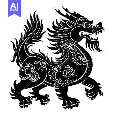 Popular premium asset: Black and White Silhouette of a Mythical Chinese Dragon with Detailed