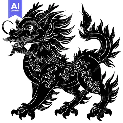 Black and White Silhouette of a Chinese Lion with Intricate Details