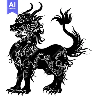 Aset desain premium: Black and white silhouette of a mythical Chinese lion with intricate d