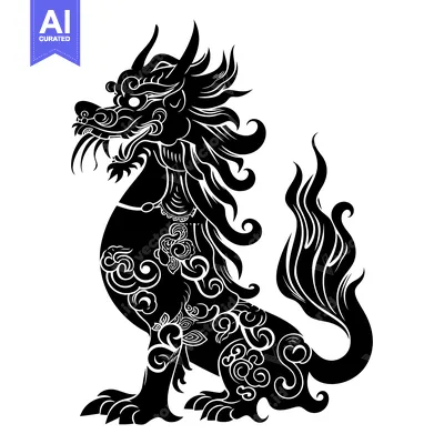 A Black and White Silhouette of a Mythical Chinese Lion with Ornate De