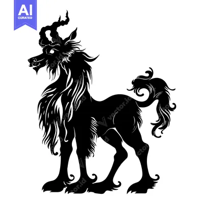 Black and White Silhouette of a Mythical Creature with Curly Horns and