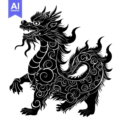 Aset desain premium: Black and White Illustration of a Standing Chinese Dragon with Detaile