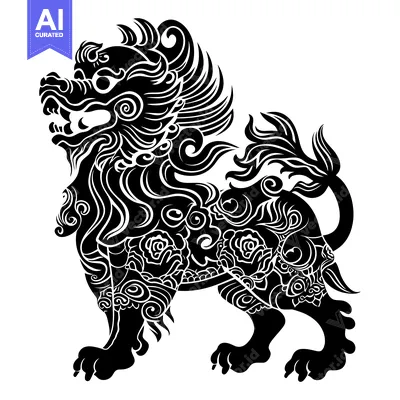 Ornate Black and White Illustration of a Chinese Guardian Lion