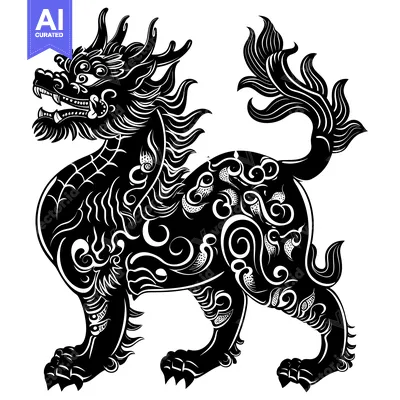 Aset desain premium: Ornate Black and White Illustration of a Mythical Chinese Lion
