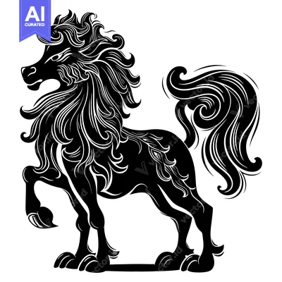 Black and White Stylized Illustration of a Horse with Curly Mane and T