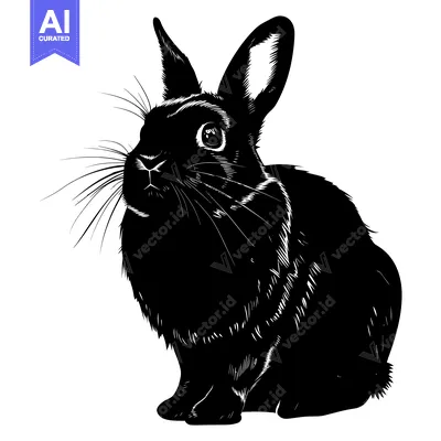 Aset desain premium: Black and White Silhouette of a Rabbit Sitting with Its Ears Perked Up