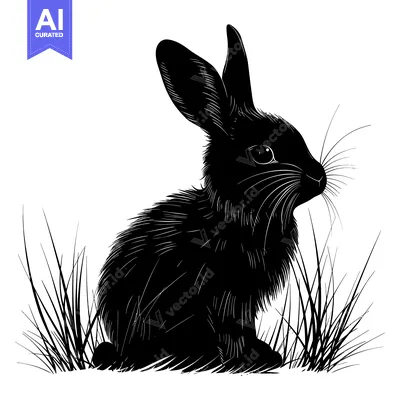 Black and White Silhouette of a Rabbit Sitting in Grass
