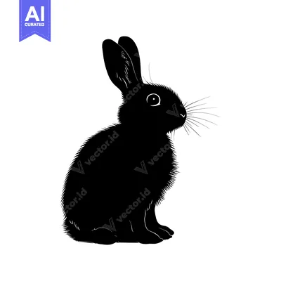 Aset premium populer: Black and White Silhouette of a Rabbit Sitting and Looking to the Righ
