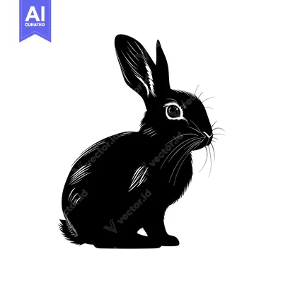 Aset desain premium: Black and white silhouette of a rabbit sitting and looking to the righ