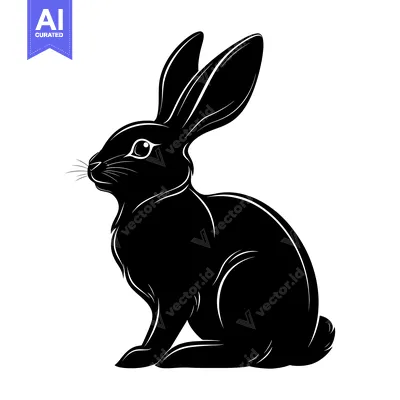 Aset desain premium: Black and White Silhouette of a Rabbit Sitting with One Ear Up