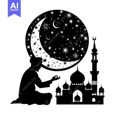 Aset premium populer: Silhouette of a Praying Muslim Man with a Mosque and Crescent Moon