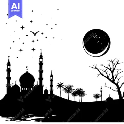 Premium design asset: Silhouette of a Mosque with a Crescent Moon, Stars, and Palm Trees