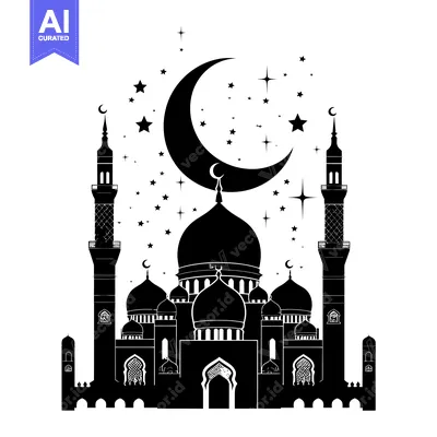 Black Silhouette of a Mosque with Crescent Moon and Stars