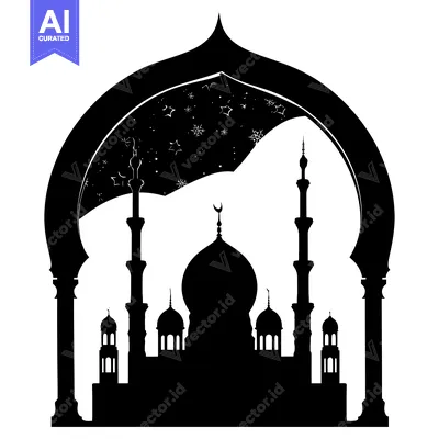 Black and White Silhouette of a Mosque with Starry Night Sky