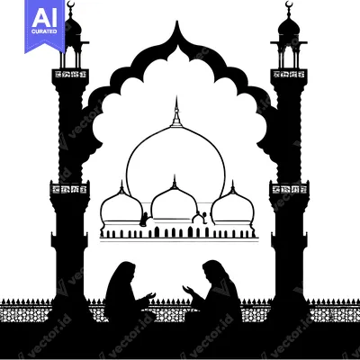 Silhouette of Two Praying People in Front of a Mosque