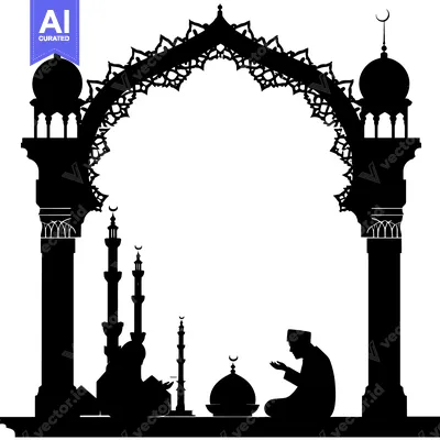 Silhouette of Two Muslims Praying in Front of a Mosque Archway