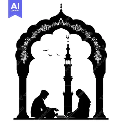 Download Silhouette of Two People Praying Underneath an Archway with a Minaret Vector Graphic