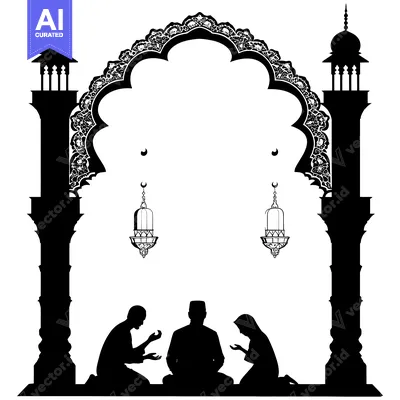 Download Silhouette of Three Muslim People Praying Under an Ornate Archway Vector Graphic