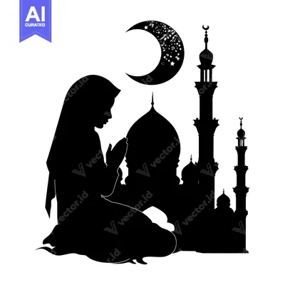 Download Silhouette of a Woman Praying in Front of a Mosque with a Crescent Moo Vector Graphic