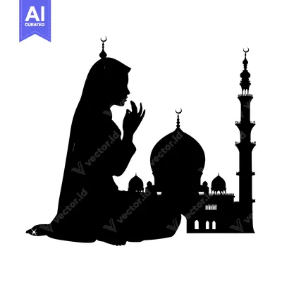Download Silhouette of a Muslim Woman Praying in Front of a Mosque Vector Graphic