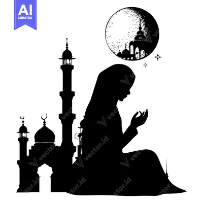 Download Silhouette of a Woman Praying in Front of a Mosque with a Crescent Moo Vector Graphic