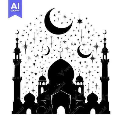 Download Black and White Silhouette of a Mosque with Stars and Crescents Vector Graphic