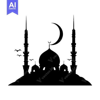 Download Black Silhouette of a Mosque with Crescent Moon and Birds Vector Graphic