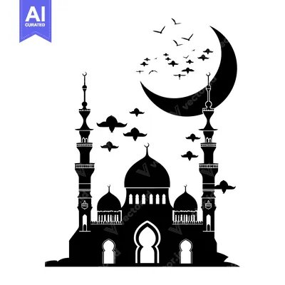 Download Black and White Silhouette of a Mosque with a Crescent Moon and Birds Vector Graphic