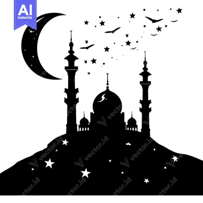 Download Mosque Silhouette with Crescent Moon and Stars Vector Graphic