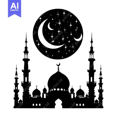 Download Silhouette of a Mosque with Crescent Moon and Stars Above Vector Graphic