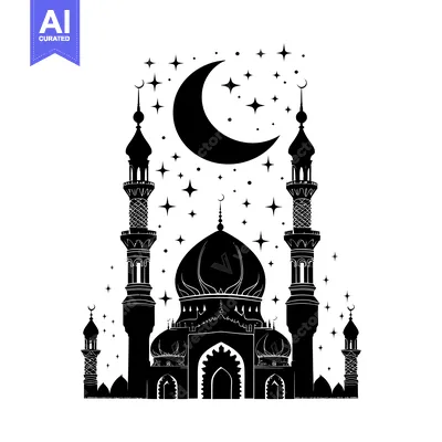Download Black and White Silhouette of a Mosque with a Crescent Moon and Stars Vector Graphic