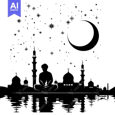 Download Silhouette of a Muslim man praying in front of a mosque at night Vector Graphic