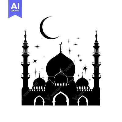 Download Silhouette of a mosque with crescent moon and stars Vector Graphic