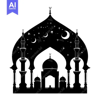 Download Silhouette of a Mosque with Minarets and a Starry Night Sky Vector Graphic