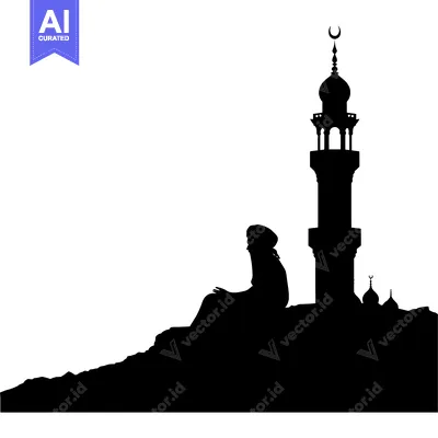 Download Silhouette of a Person Sitting on a Hilltop Looking at a Mosque Vector Graphic