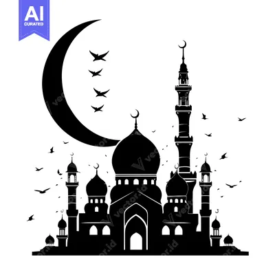 Download A Black and White Silhouette of a Mosque with a Crescent Moon and Flyi Vector Graphic