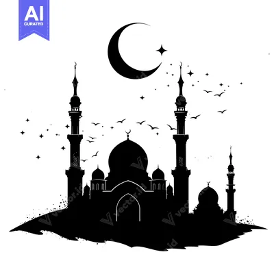 Download Silhouette of a Mosque with Crescent Moon and Stars Vector Graphic
