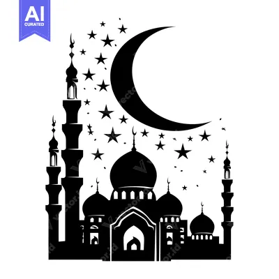Black Silhouette of a Mosque with a Crescent Moon and Stars