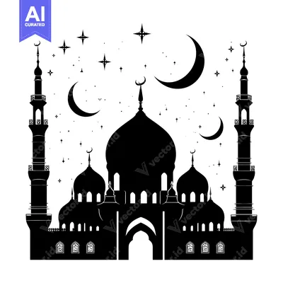 Silhouette of a Mosque with Crescent Moons and Stars